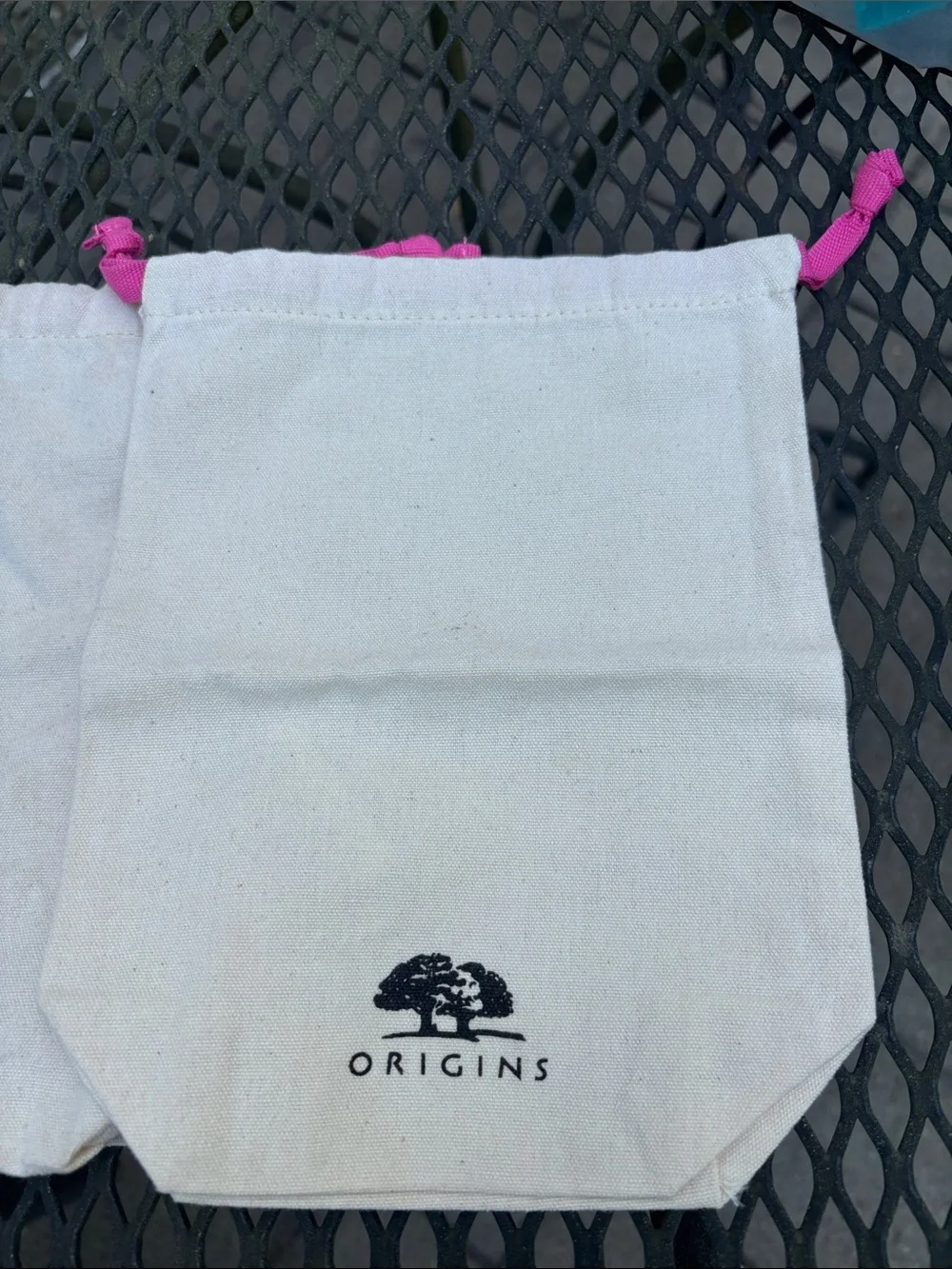 2-pc bundle Origins White Canvas Drawstring Pouches with Pink Ties (Pair)7×9 in